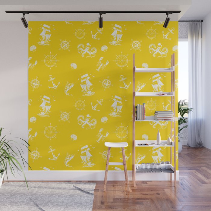 Yellow And White Silhouettes Of Vintage Nautical Pattern Wall Mural
