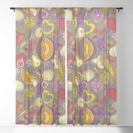 Vintage Veggies and Fruit on Textured Dark Background Sheer Curtain