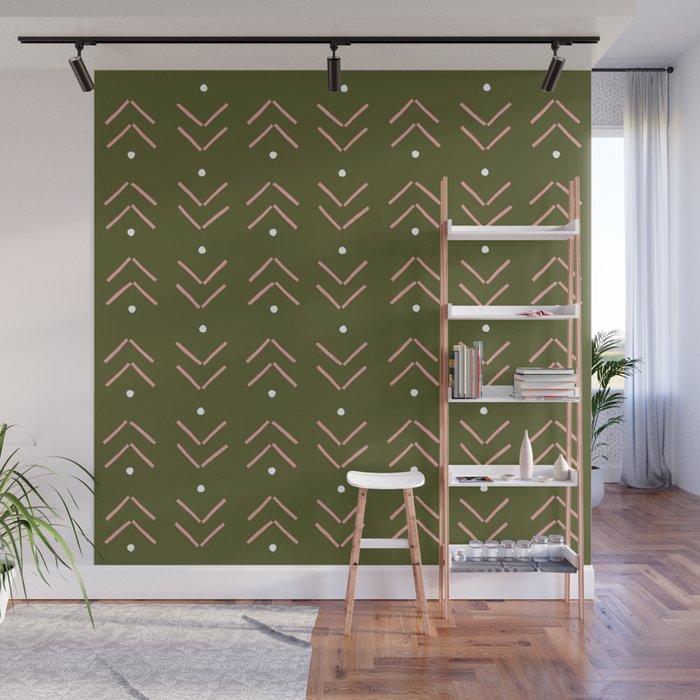 Arrow Geometric Pattern 4 in Olive Green Rose Gold Wall Mural
