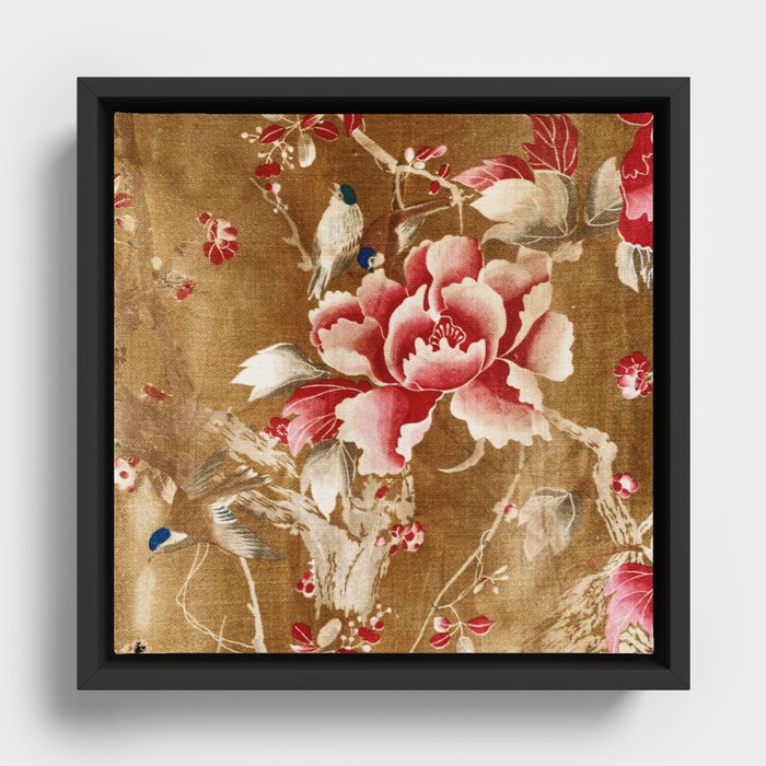 Antique French Floral Fabric With Birds Framed Canvas