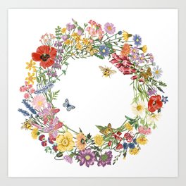 COTTAGECORE WREATH Art Print | Butterflies, Meadowflorals, Wreath, Gift, Crownflorals, Decor, Wildflowers, Daisies, Summer, Bumblebee 