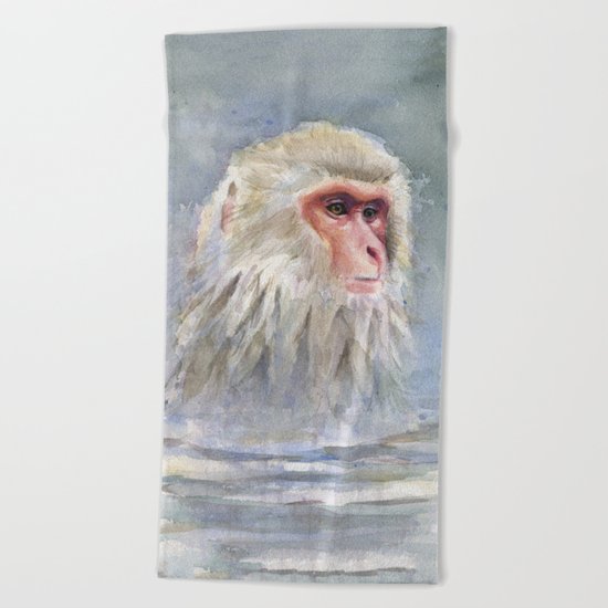 Snow Monkey Watercolor Animal Beach Towel