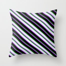 [ Thumbnail: Forest Green, Lavender, Dark Orchid, and Black Colored Striped Pattern Throw Pillow ]