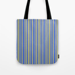 [ Thumbnail: Dark Khaki & Royal Blue Colored Striped Pattern Tote Bag ]