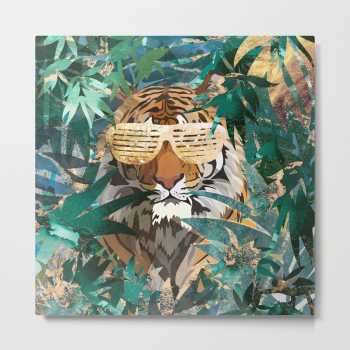Tiger in the Gold Jungle wearing hip hop sunglasses Metal Print