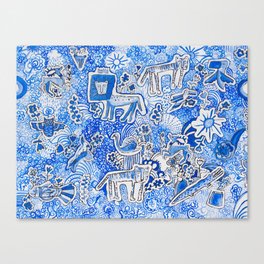 Delft Blue and White Pattern Painting with Lions and Tigers and Birds Canvas Print