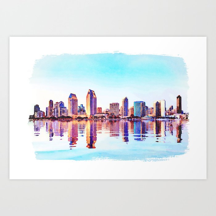Stock photo of a water color image of the skyline of San Diego in California