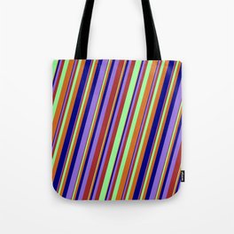 [ Thumbnail: Colorful Brown, Green, Chocolate, Blue, and Purple Colored Lined Pattern Tote Bag ]