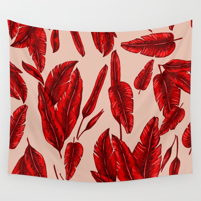 Red Banana Leafs Wall Tapestry