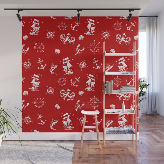 Red And White Silhouettes Of Vintage Nautical Pattern Wall Mural