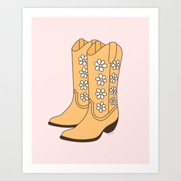 Western Vintage Floral Cowgirl Boots with Daisies in Blush and Yellow Art Print