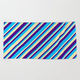 [ Thumbnail: Pale Goldenrod, Indigo & Deep Sky Blue Colored Stripes/Lines Pattern Beach Towel ]
