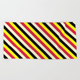 [ Thumbnail: Yellow, Crimson, Light Yellow & Black Colored Stripes/Lines Pattern Beach Towel ]