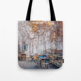 Outdoor cafe with autumn vibe | Tables and chairs Kazimierz Krakow Poland Tote Bag