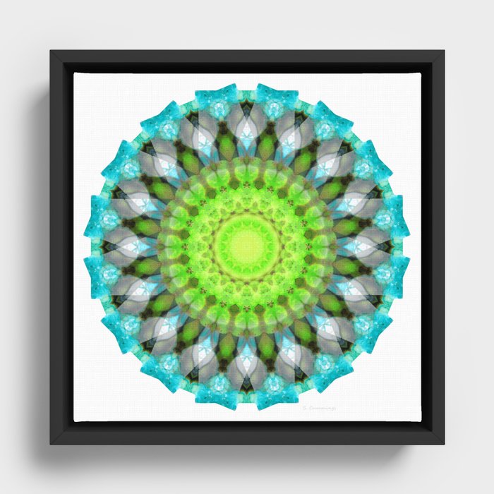 Life Force - Blue Green Gray Mandala Art Framed Canvas