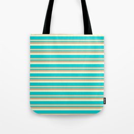 [ Thumbnail: Tan, Light Yellow, and Dark Turquoise Colored Lined Pattern Tote Bag ]