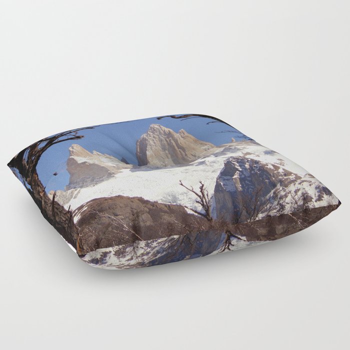 Argentina Photography - Huge Snowy Mountains Seen From Between Two Trees Floor Pillow