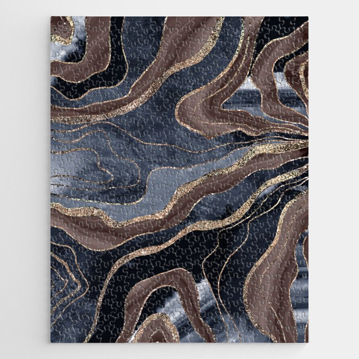 Navy Blue Brown Marble Agate Gold Glitter Glam #1 (Faux Glitter) #decor #art #society6 Jigsaw Puzzle