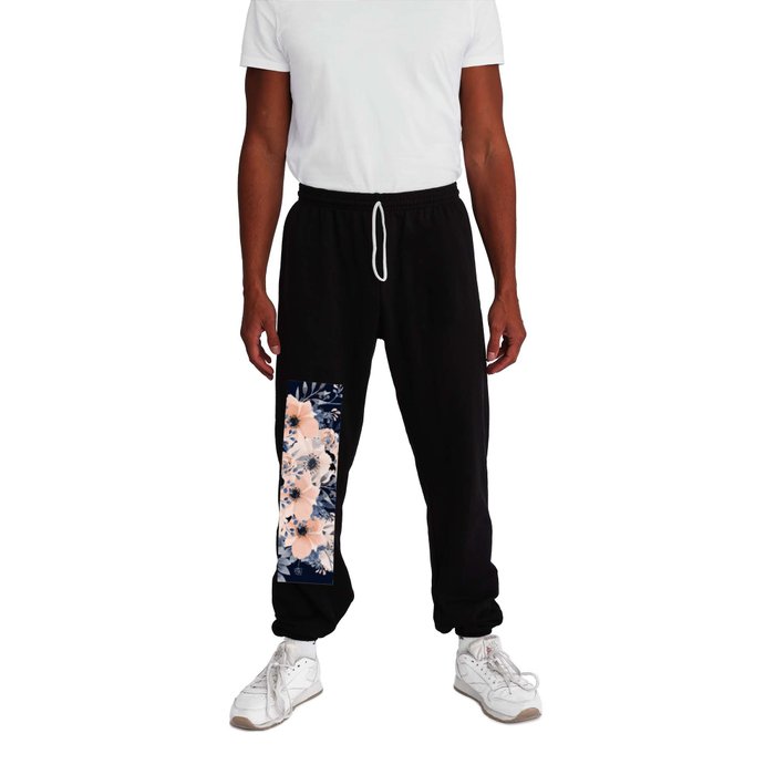 Festive, Floral Watercolor Print, Navy and Pink Sweatpants