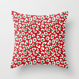 Christmas Leopard Print White and Green on Red Throw Pillow