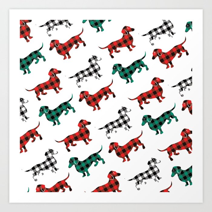 Christmas Dachshunds Red Flannel Art Print