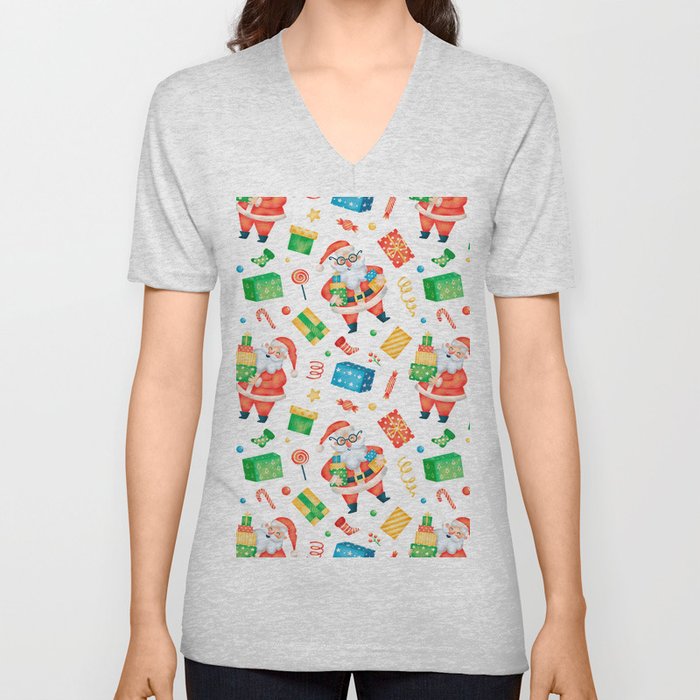 Cute Cartoon Christmas Santa Claus Seamless Pattern 03 V Neck T Shirt