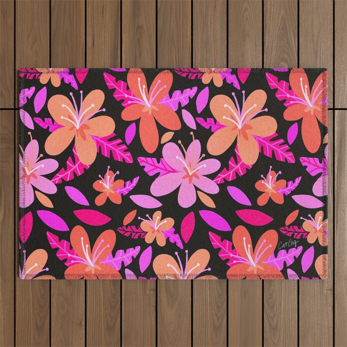 Tropical Holiday Florals – Pink & Charcoal Outdoor Rug