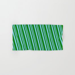 [ Thumbnail: Light Sky Blue & Green Colored Pattern of Stripes Hand & Bath Towel ]
