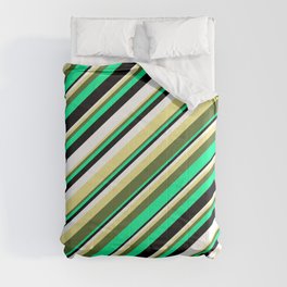 [ Thumbnail: Eyecatching Tan, Dark Olive Green, Green, Black, and White Colored Lines/Stripes Pattern Comforter ]