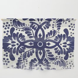 Navy blue leaves abstract bold mexican vintage tile interior design Wall Hanging