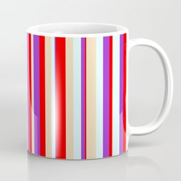 [ Thumbnail: Red, Dark Orchid, Light Cyan, and Tan Colored Stripes Pattern Coffee Mug ]