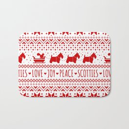 Love Joy Peace Scotties | Scottish Terriers Christmas Holiday Pattern Bath Mat | Humorous, Nordic, Graphicdesign, Holiday, Animalschristmas, Xmas, Christmaspattern, Dogs, Dogchristmas, Dogsholiday 