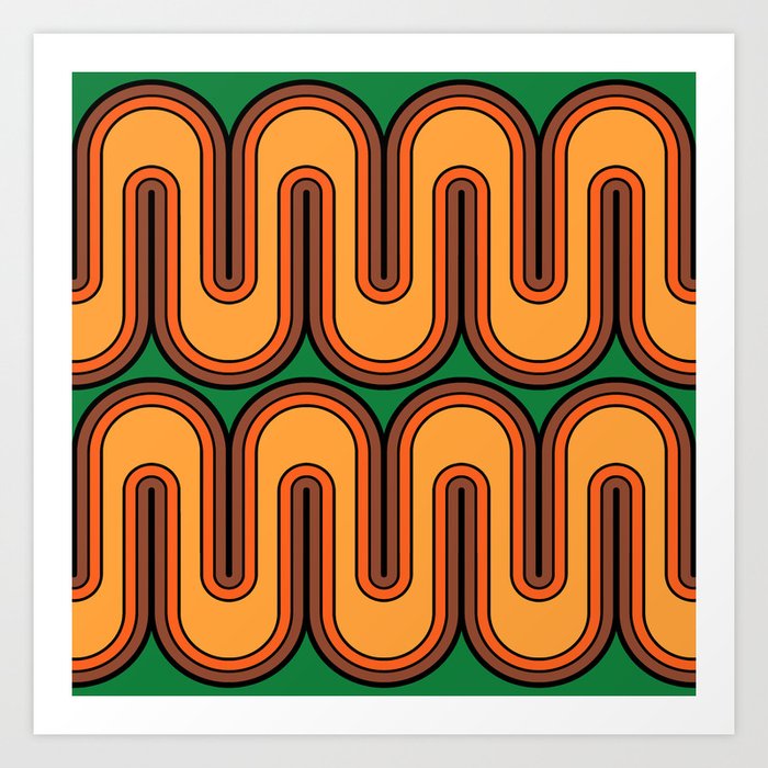 Mid Century Modern Geometric Sonic Wave Pattern 526 Orange Green Brown and Yellow Art Print