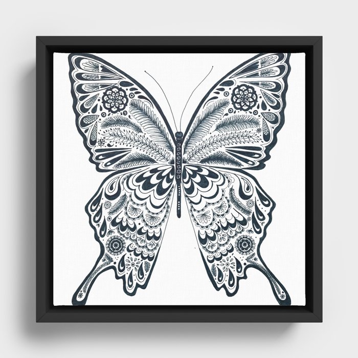 Blue Butterfly Mandala Framed Canvas