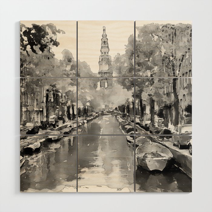Black and White Watercolor Painting - Groenburgwal - Amsterdam Canal Wood Wall Art