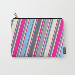 [ Thumbnail: Colorful Light Sky Blue, Dim Grey, Dark Grey, Beige, and Deep Pink Colored Pattern of Stripes Carry-All Pouch ]