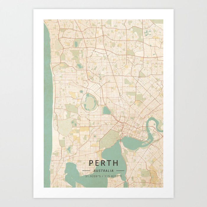 Perth, Australia - Vintage Map Art Print