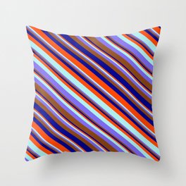 [ Thumbnail: Red, Turquoise, Medium Slate Blue, Brown & Dark Blue Colored Striped/Lined Pattern Throw Pillow ]