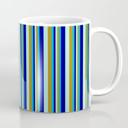 [ Thumbnail: Deep Sky Blue, Dark Goldenrod, Turquoise & Dark Blue Colored Striped/Lined Pattern Coffee Mug ]