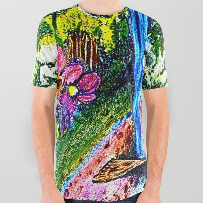 O MYKISS MTN - Original Art - Rainbow Trout - Mountains - Flowers All Over Graphic Tee