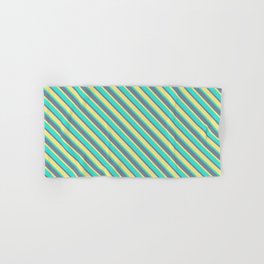 [ Thumbnail: Light Slate Gray, Tan, and Turquoise Colored Stripes Pattern Hand & Bath Towel ]