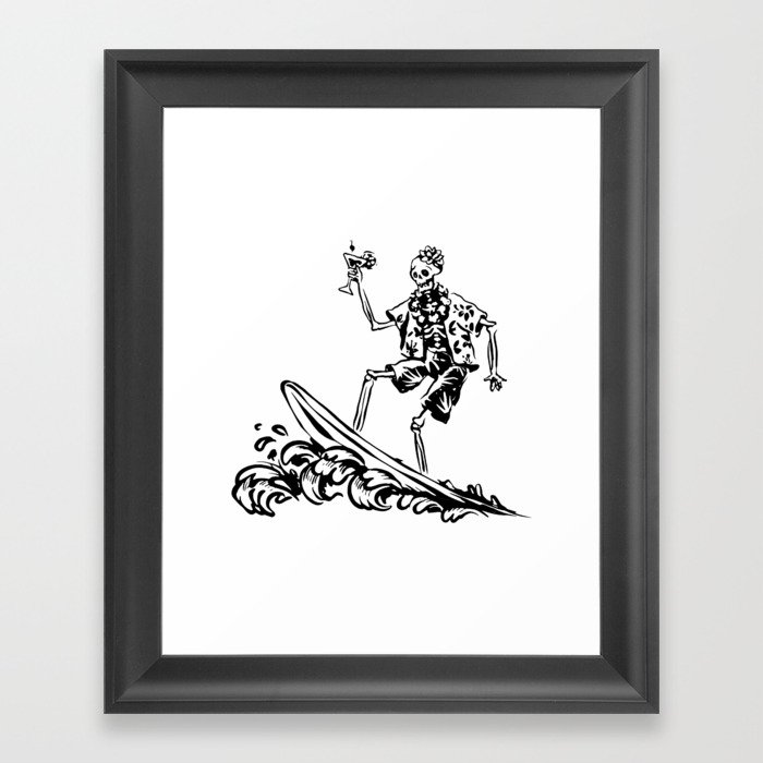 Surfing Skeleton Summer Line Art Character Framed Art Print