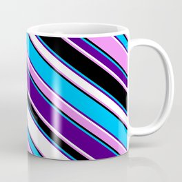 [ Thumbnail: Eyecatching Deep Sky Blue, Indigo, White, Violet & Black Colored Stripes/Lines Pattern Coffee Mug ]