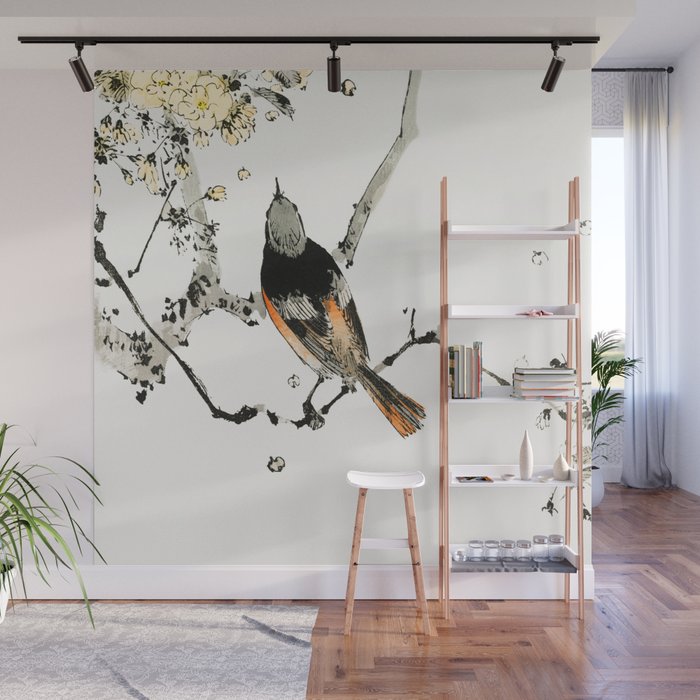 Vintage Minimal Floral Bird Drawing Wall Mural by TIMELESS PRETTY home
