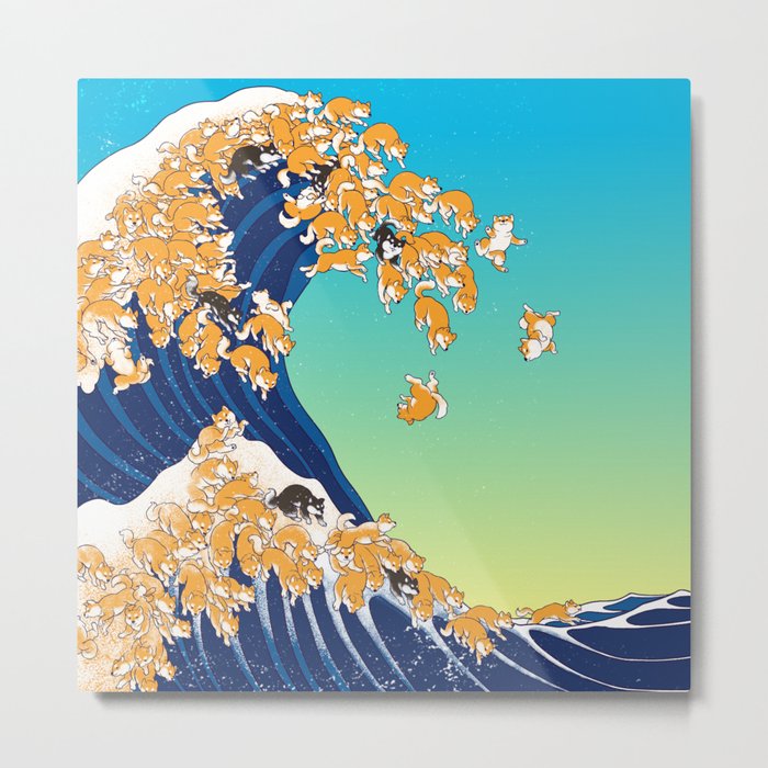 Shiba Inu in Great Wave Metal Print