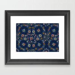 Modern embroidered flowers dark blue Framed Art Print