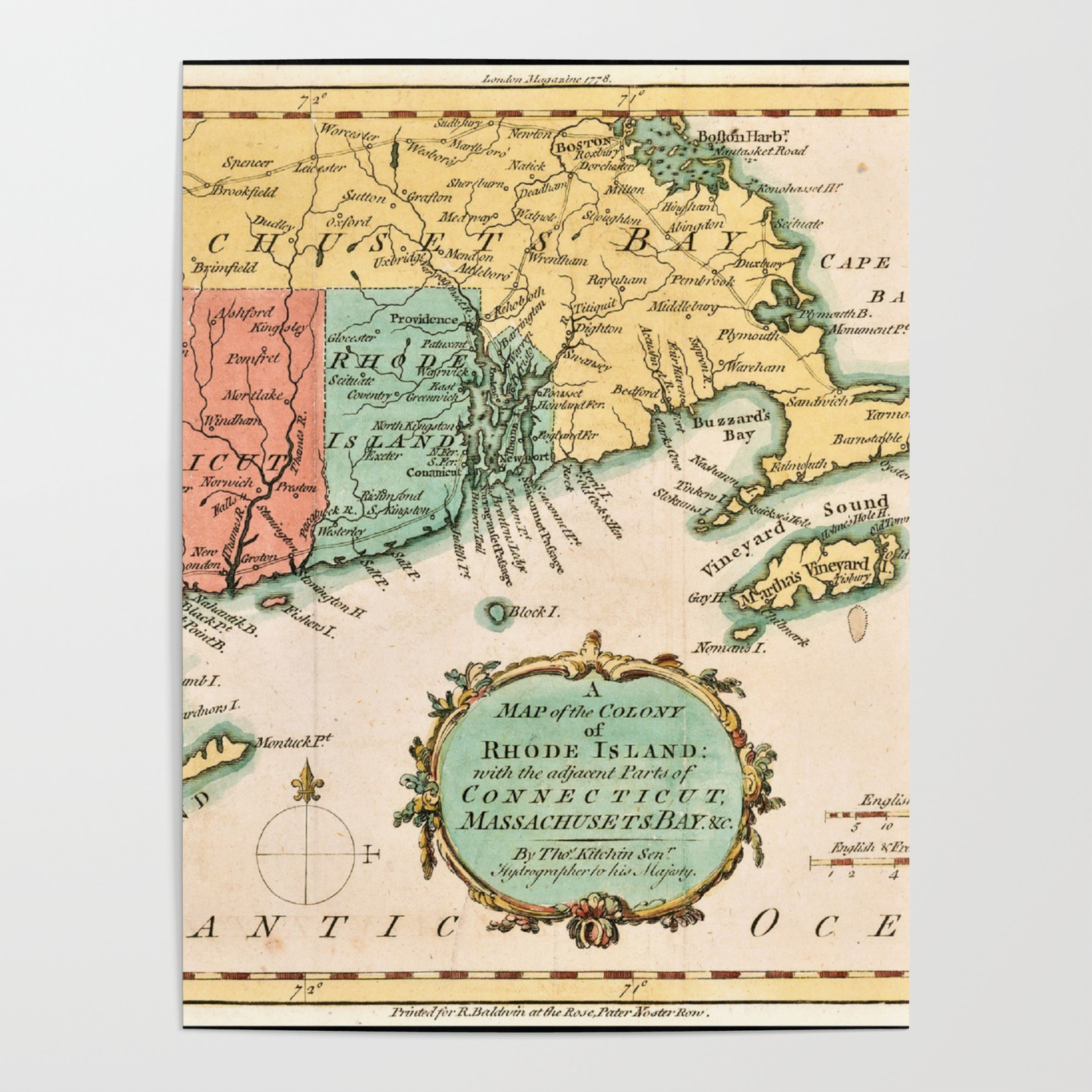 Rhode Island Colony Map Old World Map Of Colony Rhode Island Poster By Jeanpaul Ferro | Society6