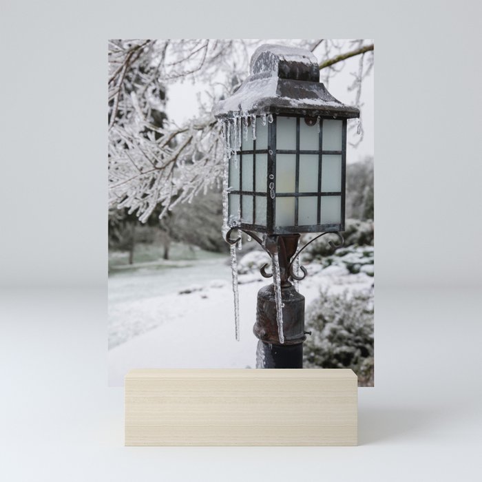 Winter Welcome Rustic Lamppost and Landscape with Snow and Ice Mini Art Print