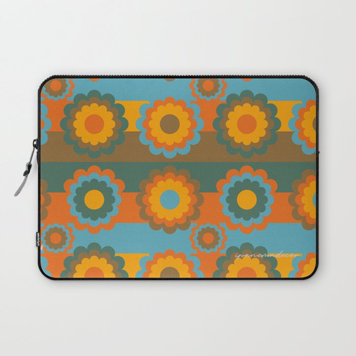 70s Retro Flower Tiles - Blue + Orange Laptop Sleeve