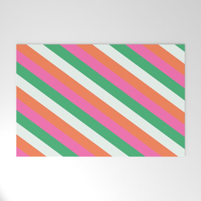 Mint Cream, Coral, Hot Pink, and Sea Green Colored Lined Pattern Welcome Mat